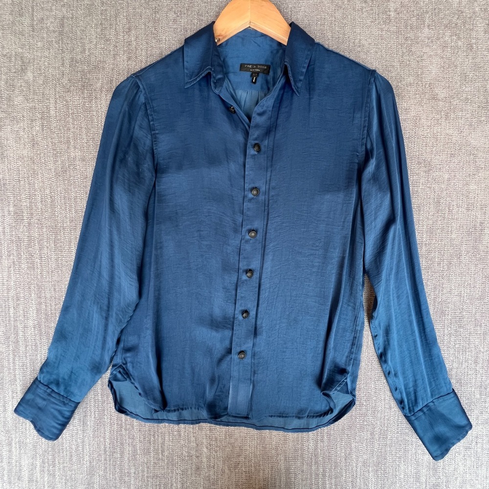 Rag & Bone NY Shirt Top Womens XS Blue Satin Long Sleeve Modernist Button Front